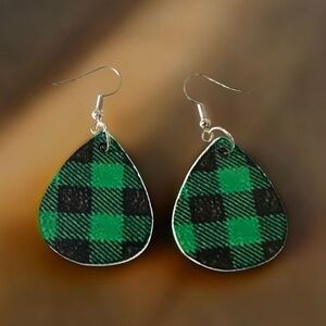 ⭐️ 5 for $25 Wood Festive Green & Black Plaid Teardrop Christmas Earrings